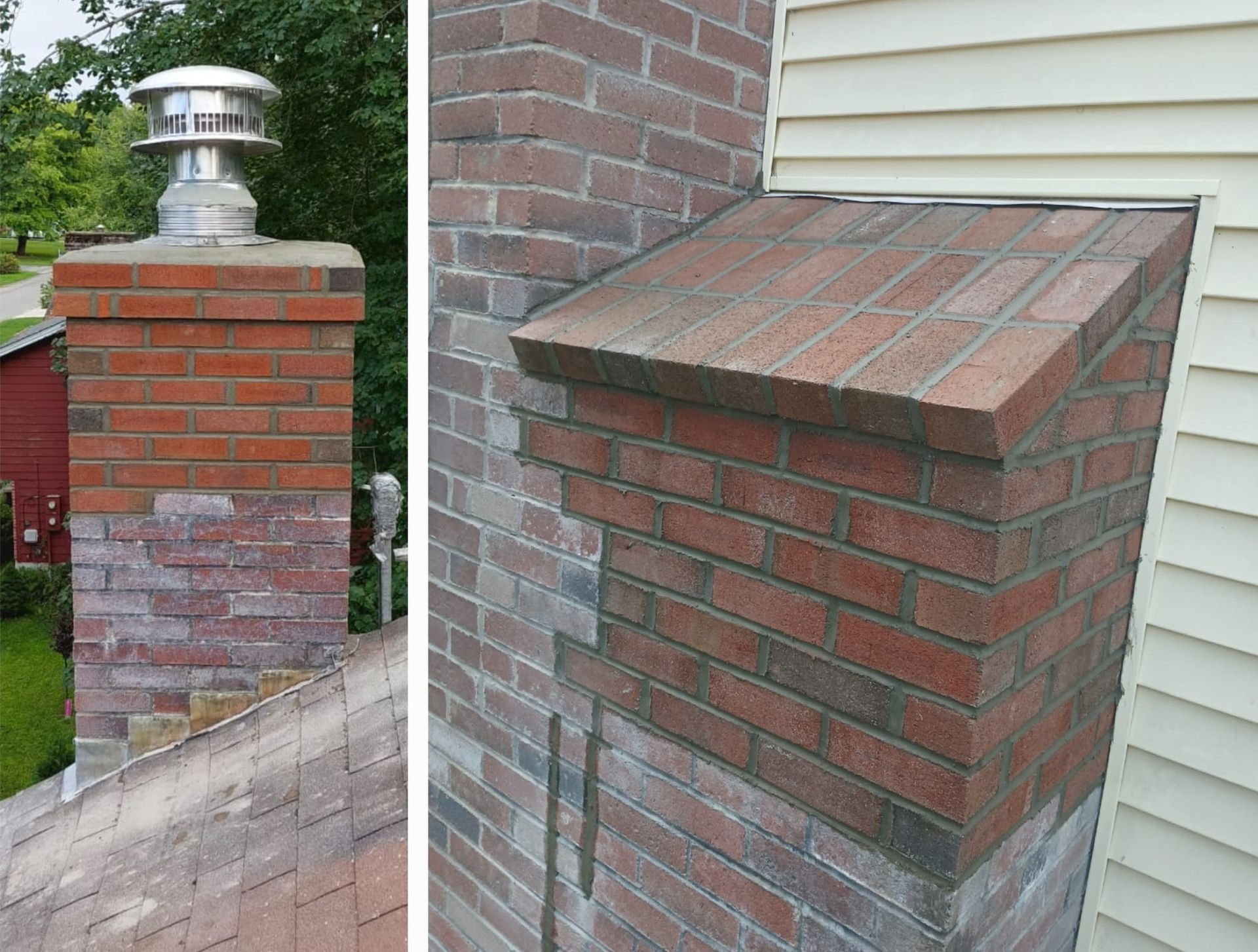Brick chimney with cap and flashing, attached to a building.