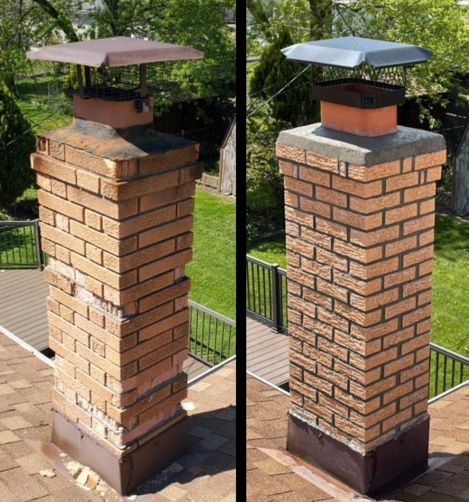 Before and after comparison of a brick chimney, showing cleaning and repair.