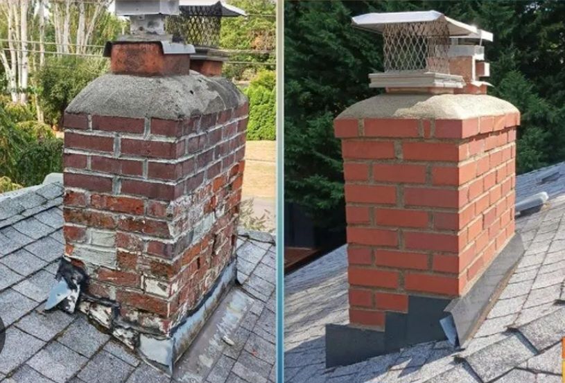 Before-and-after chimney repair: crumbling brick chimney, then repaired with new bricks and cap on a roof.