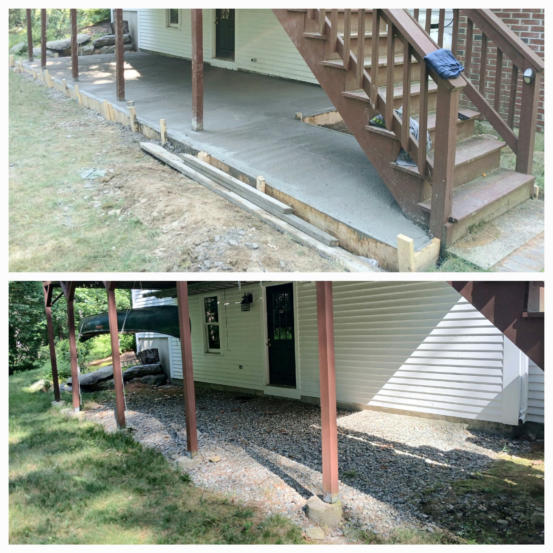 Top: A concrete ramp and landing under wooden stairs. Bottom: Gravel walkway under the deck.