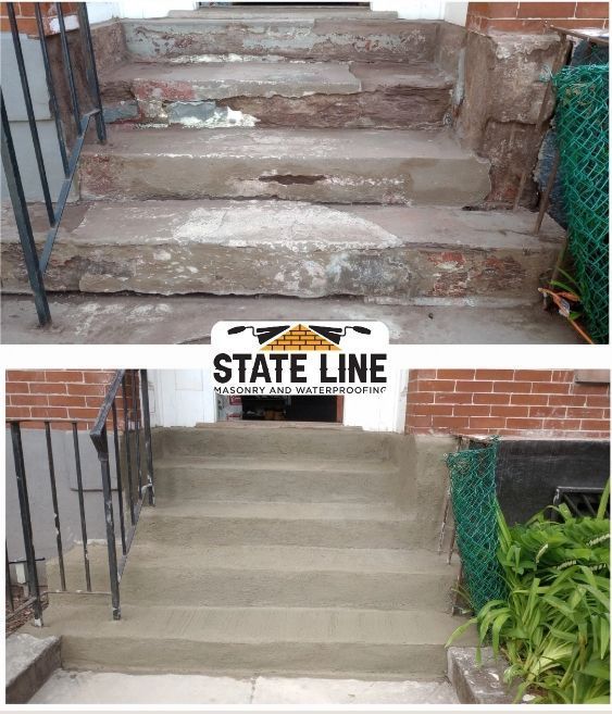 Before and after of concrete steps repaired. Top: damaged, weathered. Bottom: smooth, new concrete.