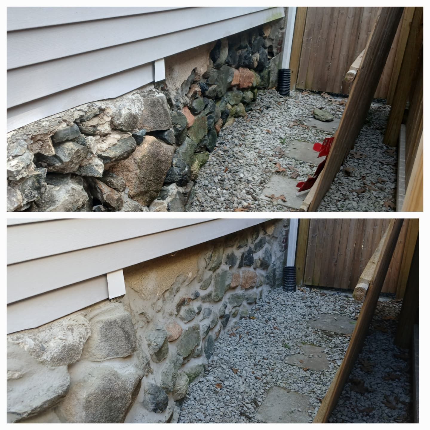 Two photos showing a stone foundation before and after cleaning, gravel, and part of a fence.