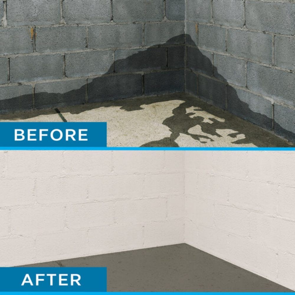 Before and after of a basement corner with water damage, then sealed and painted white.