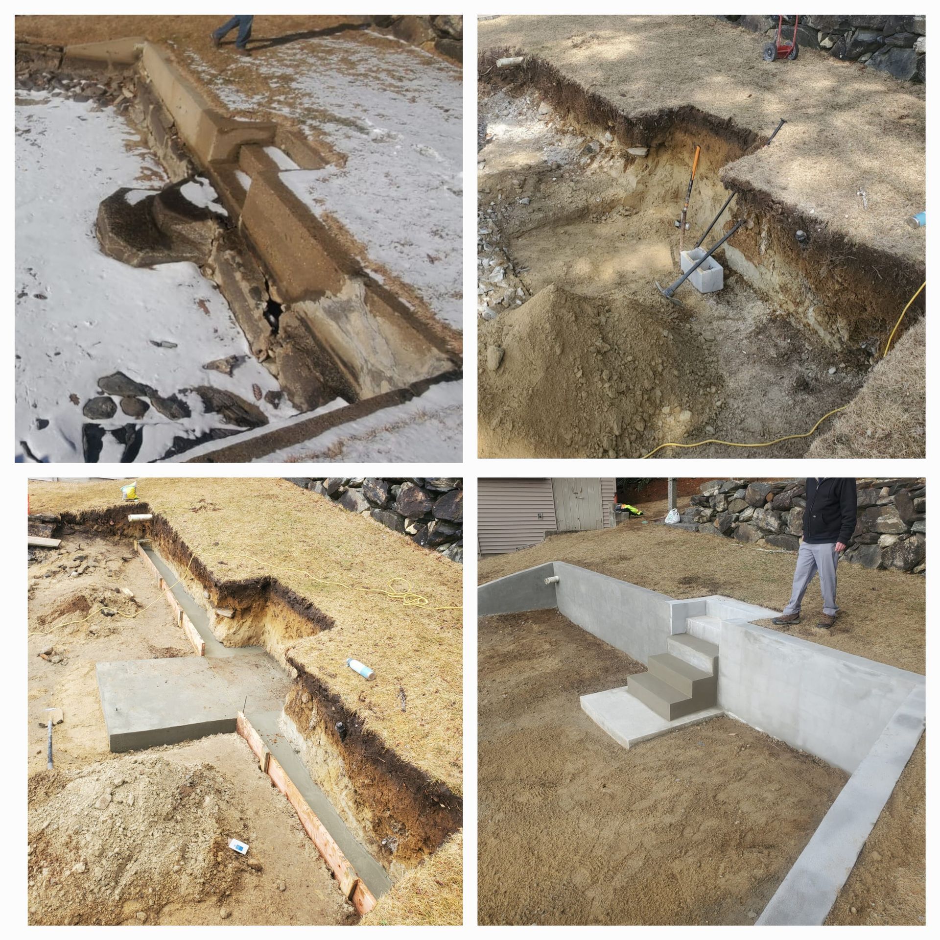 Construction site with excavated trenches and concrete foundations being built; outdoor setting.