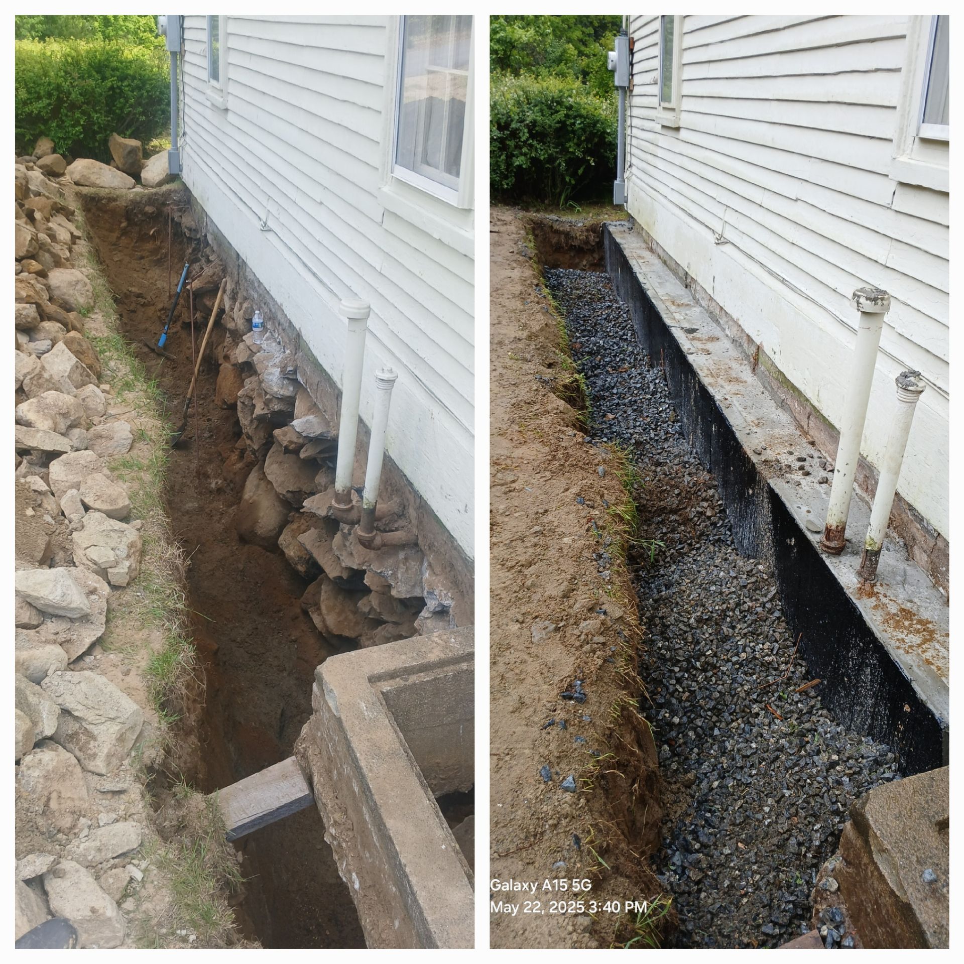 Before and after of foundation repair: trench dug along house wall, filled with gravel and black lining.