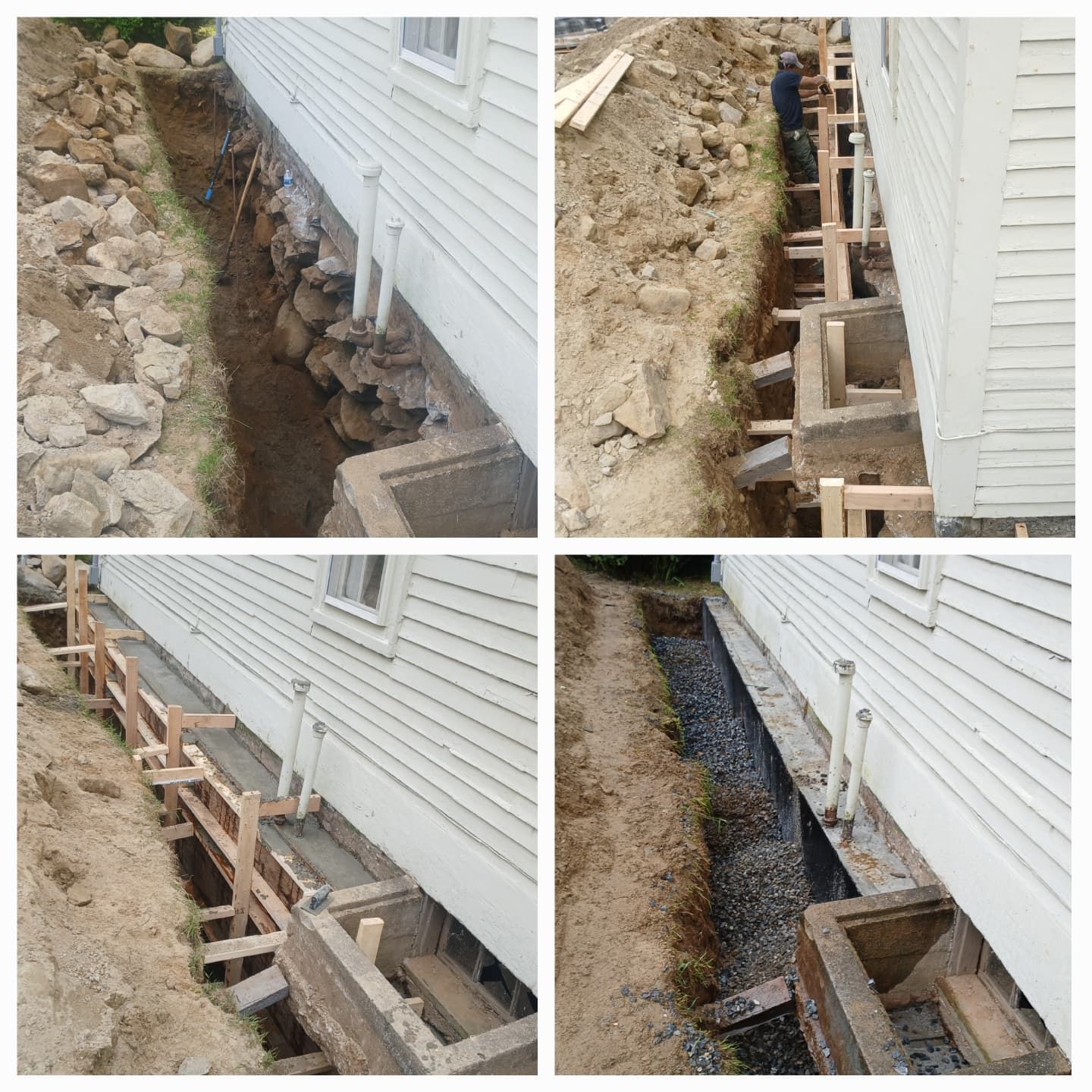Construction of a foundation alongside a white house. The trench shows exposed footings and forms.
