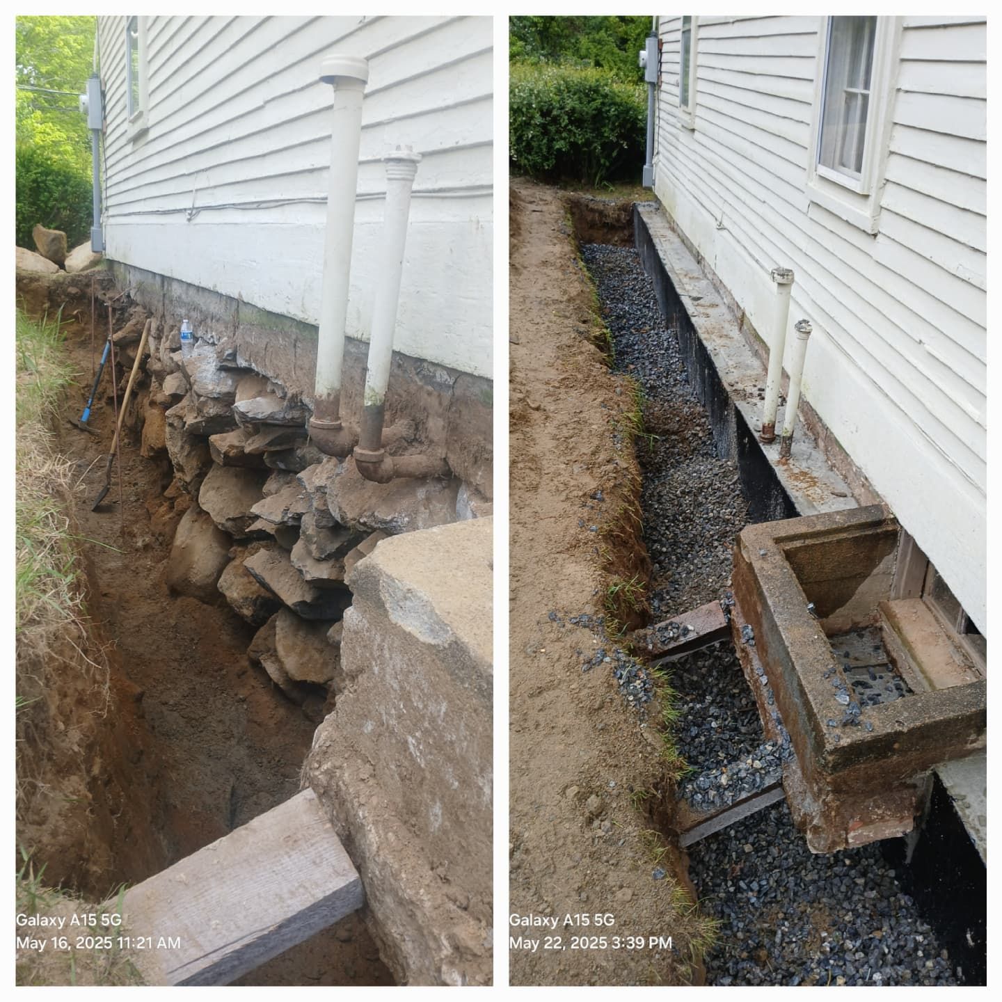 Two photos show a house foundation being worked on: Left, large rocks are placed. Right, gravel and a concrete structure.