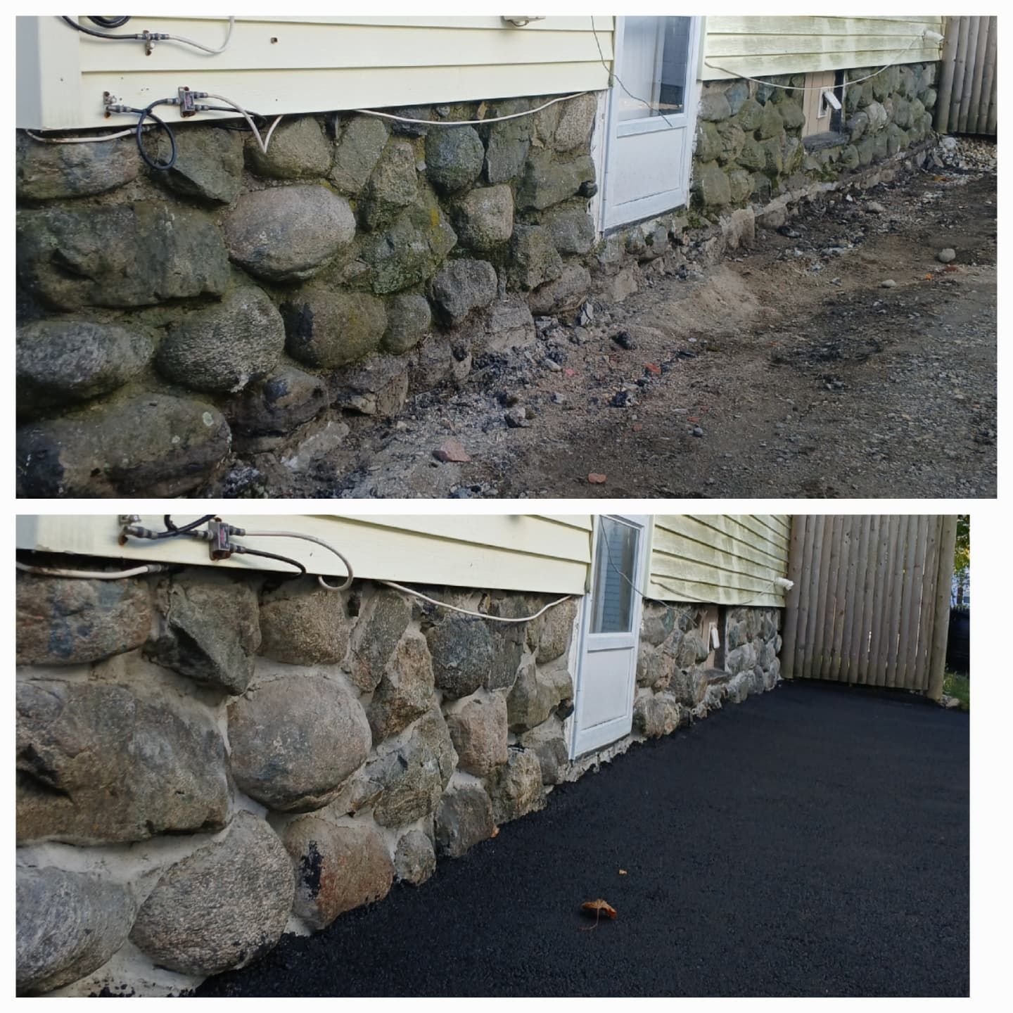 Before and after photos of a home's stone foundation. The before shows exposed dirt, the after shows black asphalt.