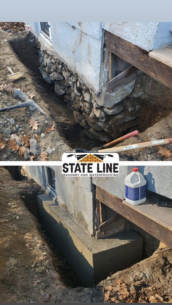 Before and after of a house foundation repair, with a concrete base in place.