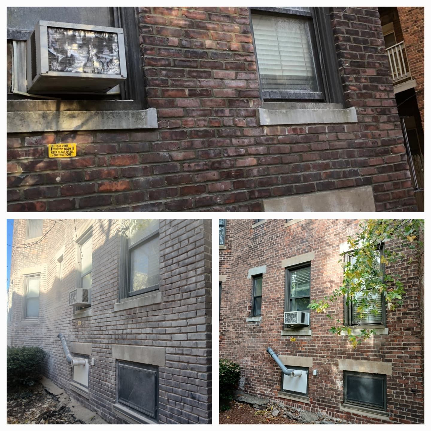 Exterior brick apartment building with windows, air conditioners, and a yellow sign.