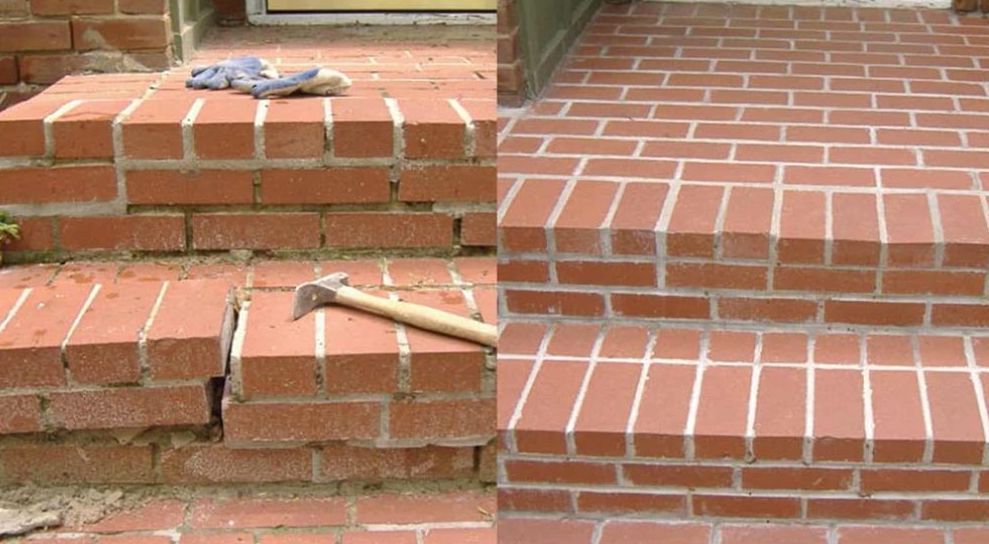 Before and after: Damaged brick steps being repaired, showing broken bricks and finished repair.