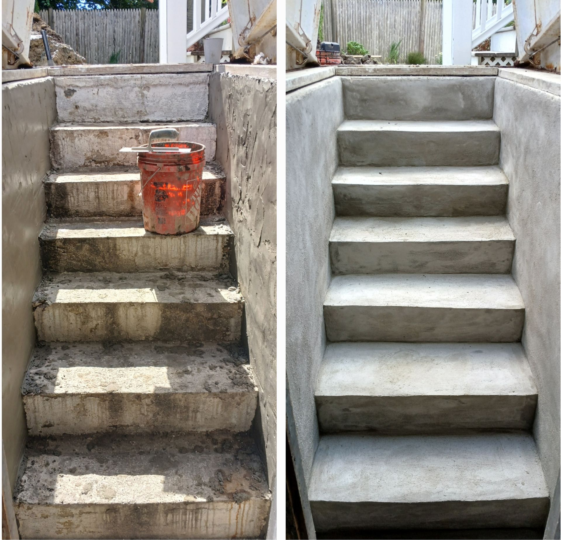 Before and after view of concrete basement stairs. The old stairs are rough and weathered. New stairs are smooth.