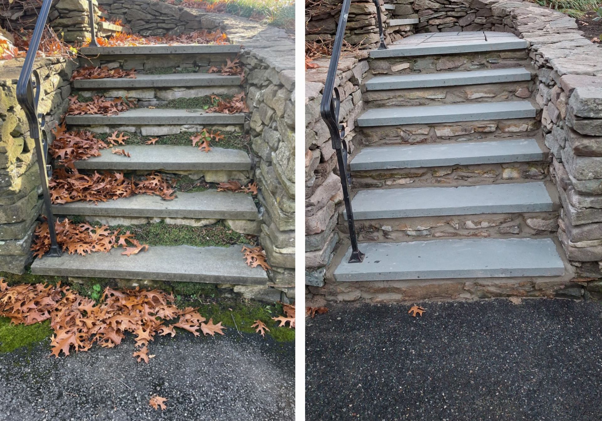Stone steps covered in leaves before and after cleaning.