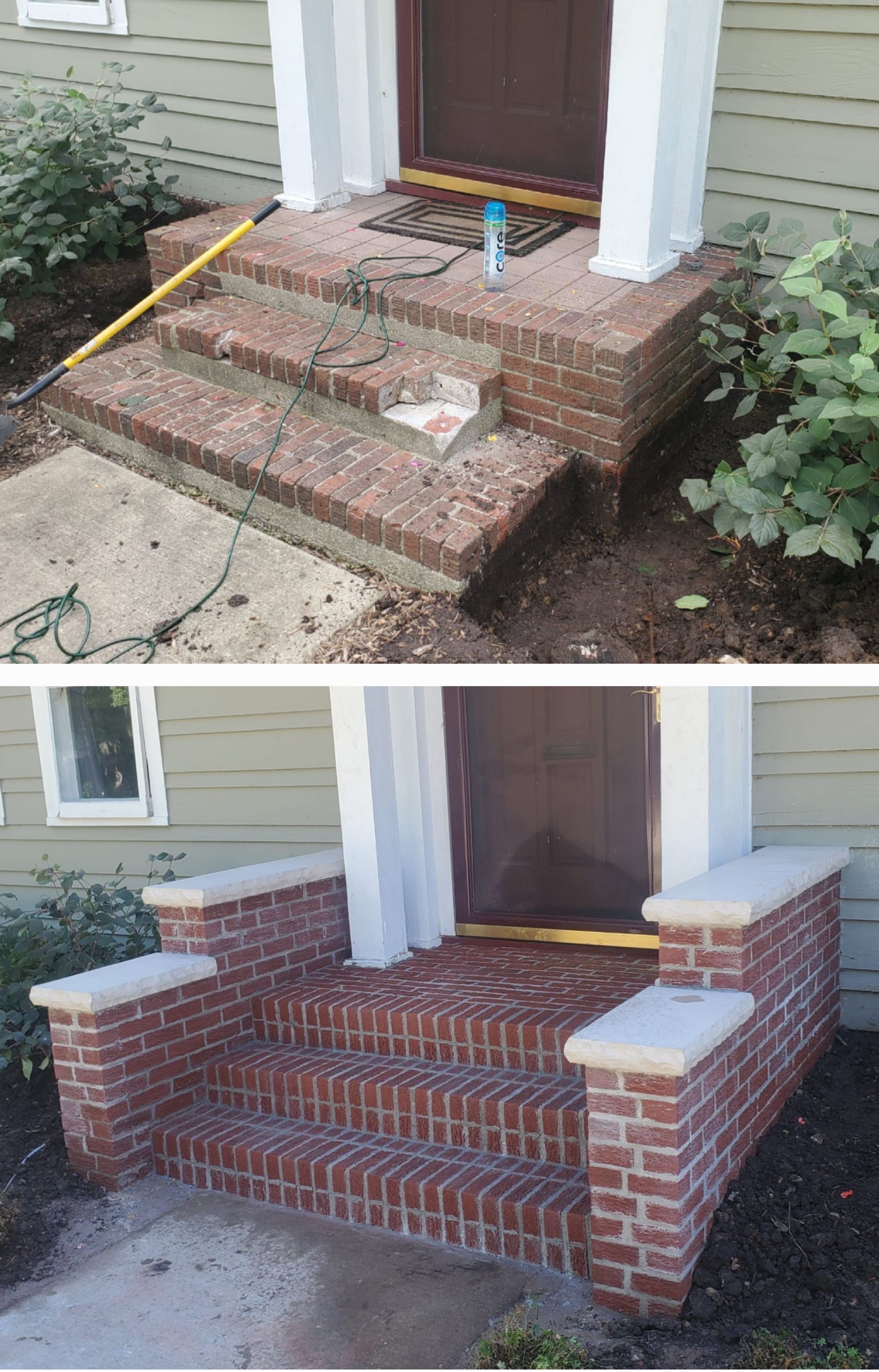 Before and after photos of a brick entrance stoop being repaired. New brick steps and accents in a red-brown.