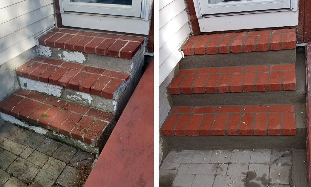 Before and after of red brick steps being repaired. The after shows clean steps.