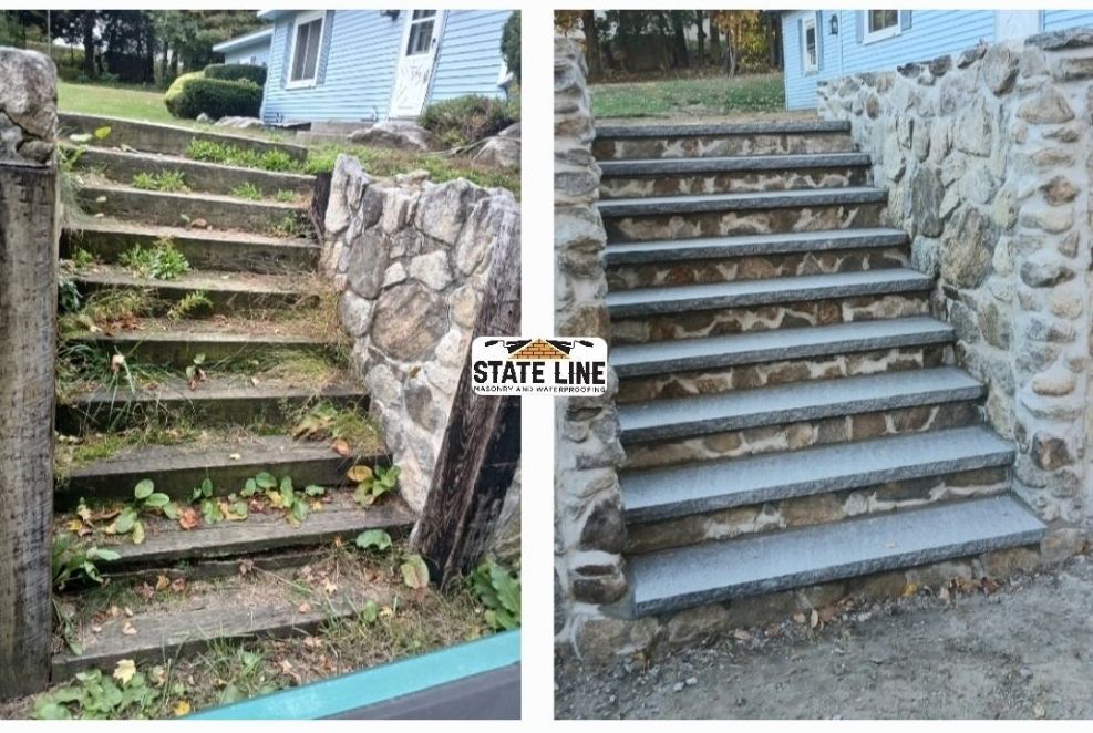 Before and after comparison of outdoor stone steps; overgrown with weeds then cleaned and repaired.