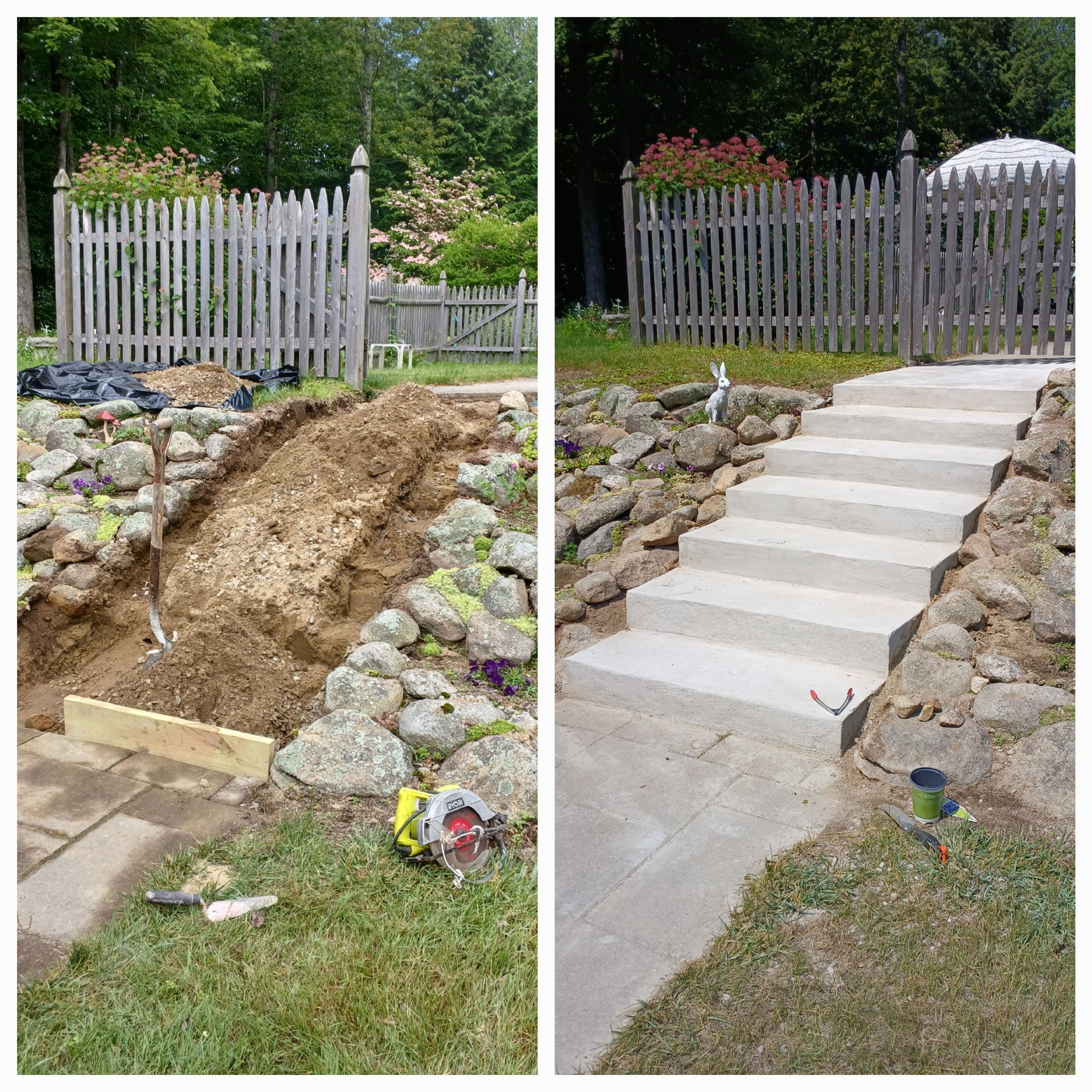 Before and after photos of a garden pathway with steps. Left: Excavation. Right: Completed concrete steps.