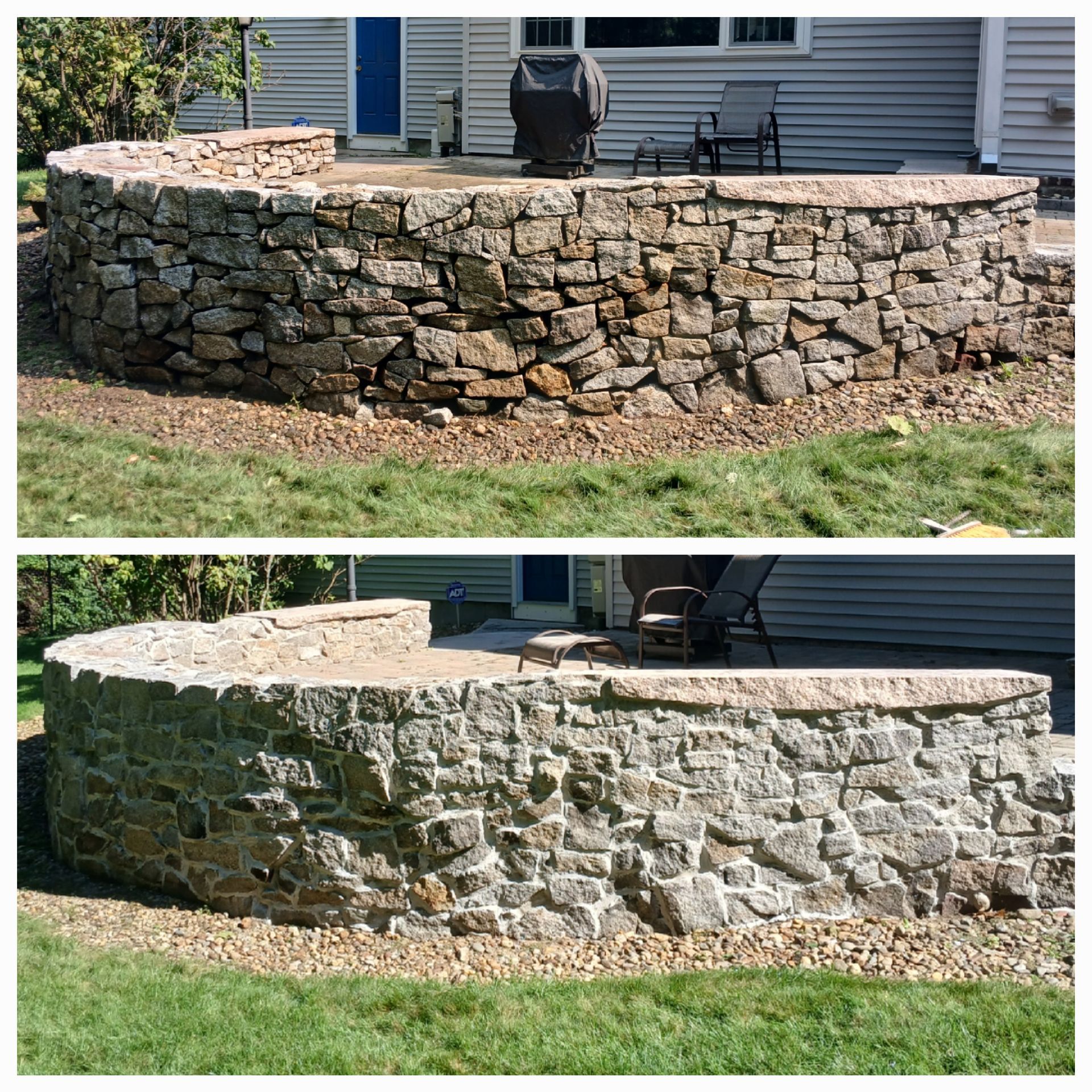 Before and after views of a curved stone wall surrounding a patio. The newer wall is cleaner, lighter stone.