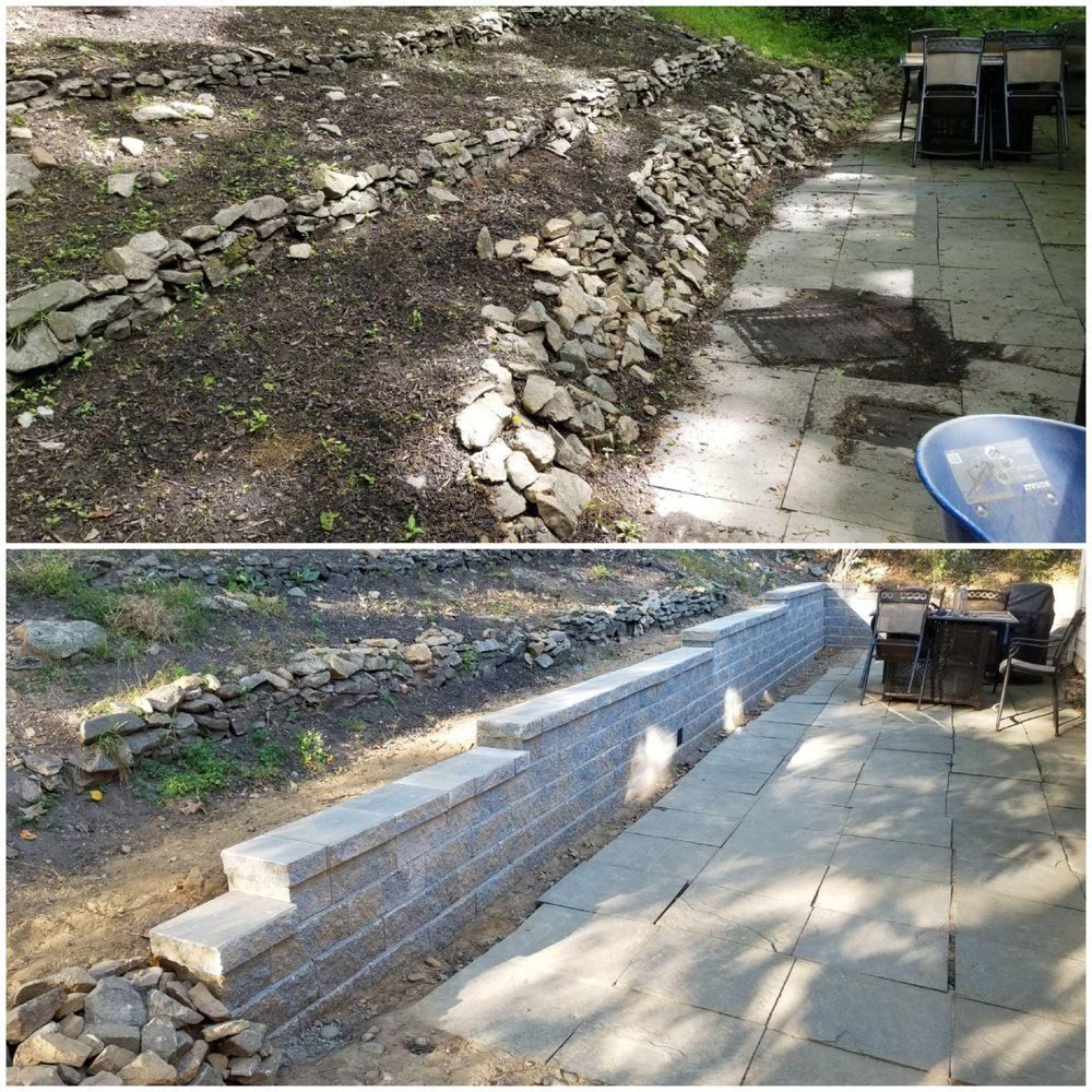 Before/after photos of a retaining wall; top shows rocky wall, bottom shows a new, block-style wall next to a patio.