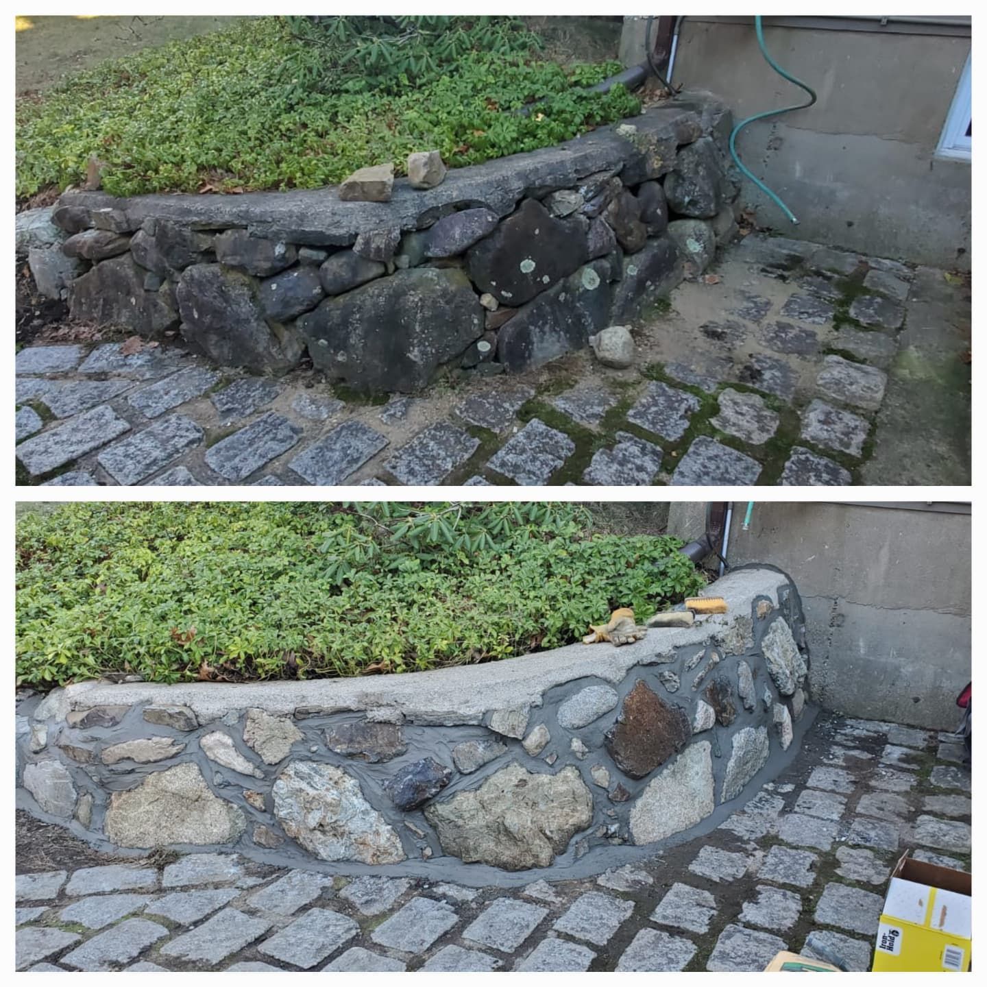 Before and after photos of a stone retaining wall being repaired with mortar.