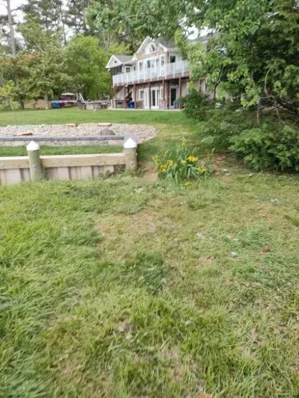 Grassy yard with a house in the background, a waterfront with wooden dock posts on the left, and trees on the right.