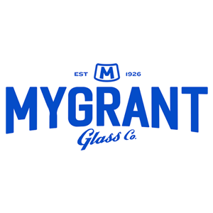 MyGrant Glass Co. blue logo with stylized “M” and “EST 1926” on white background