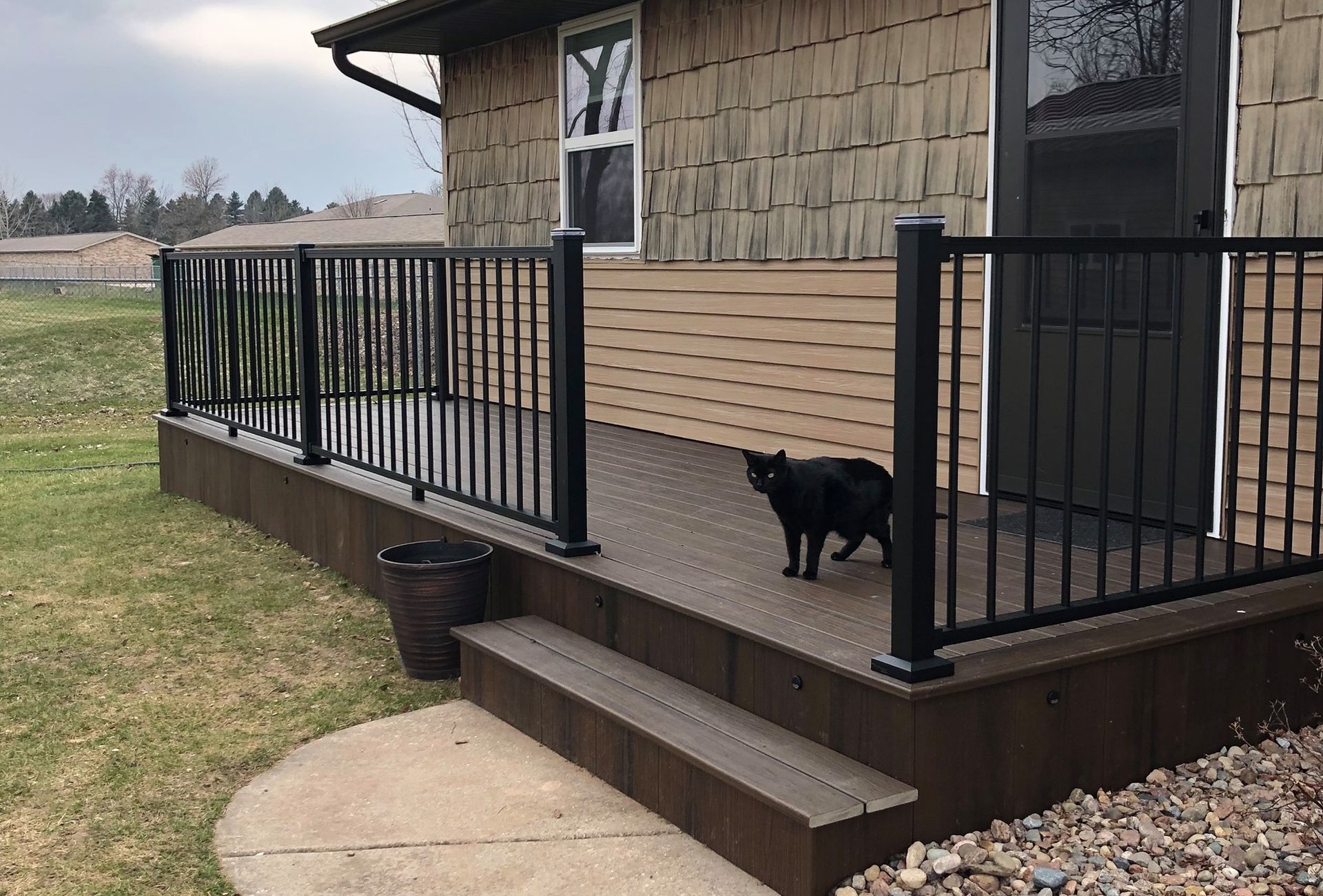 A black cat is standing on a deck next to a house.