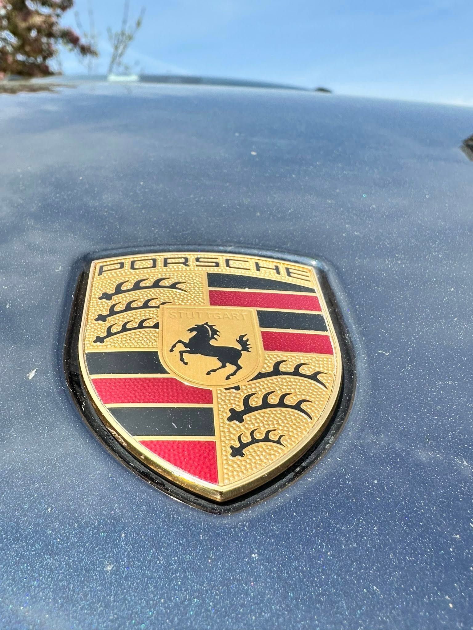Porsche emblem on a blue car hood, surrounded by a snowy background.