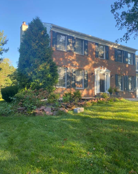 A two-story red brick house with dark shutters, a front door with white trim, a large evergreen tree, and a grassy lawn.