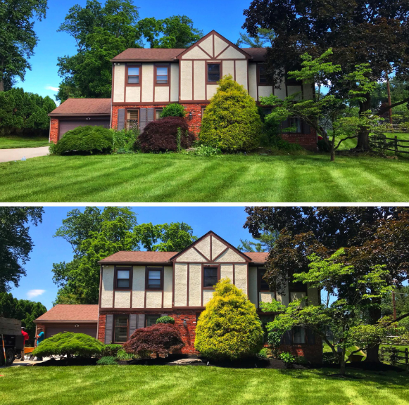 A before-and-after comparison of a two-story Tudor house with trimmed landscaping and a freshly mowed lawn.