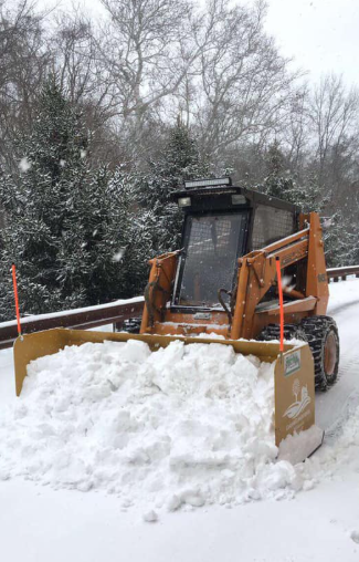Orange skid steer loader with a large snow pusher attachment clearing snow on a road with trees in the background.