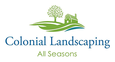 Logo for Colonial Landscaping All Seasons featuring a stylized green tree and a white house on a green, rolling hill.