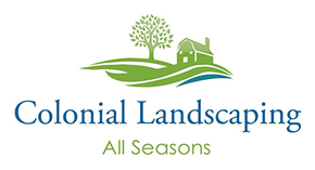 Logo for Colonial Landscaping All Seasons featuring a stylized green tree and a white house on a green, rolling hill.