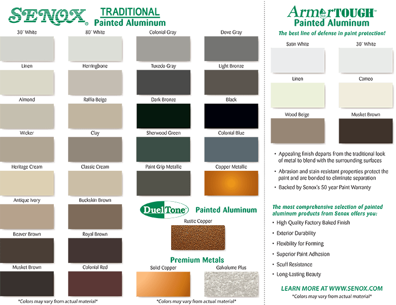 Color swatches for painted aluminum siding, organized by brand and color.