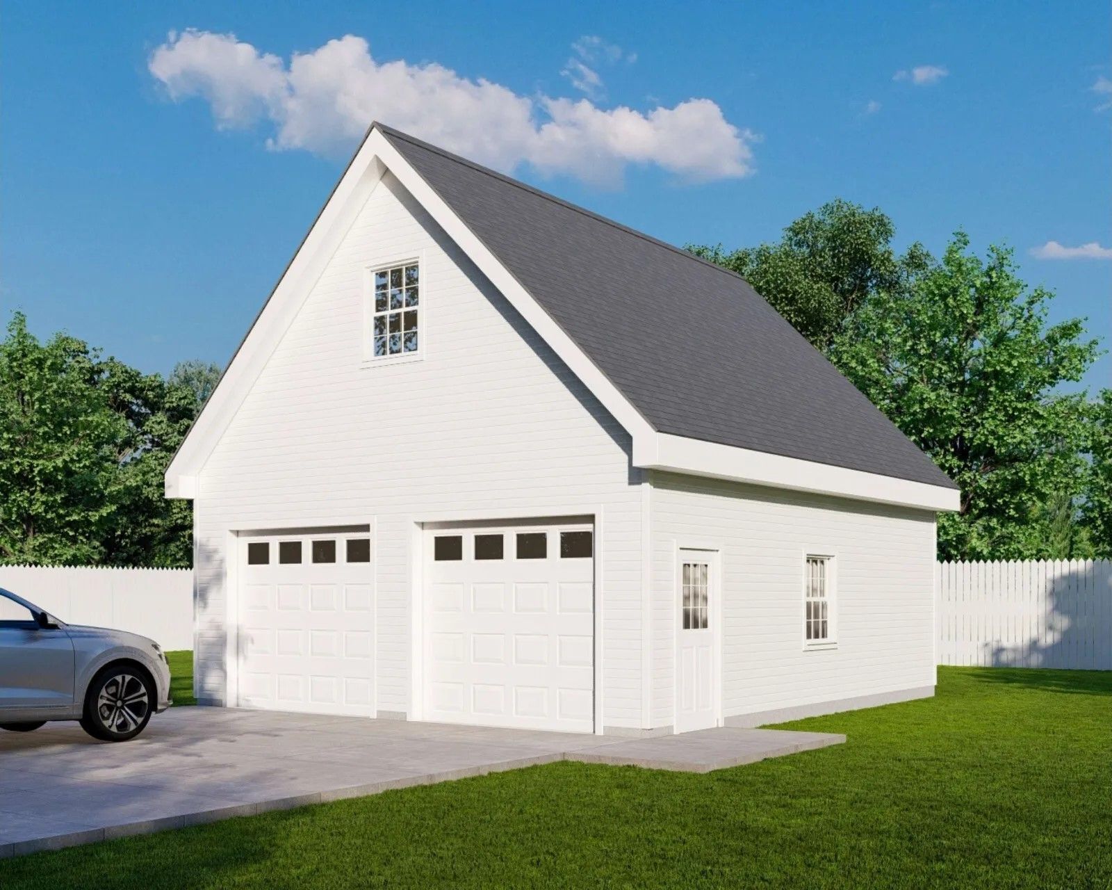 A white garage with a car parked in front of it.