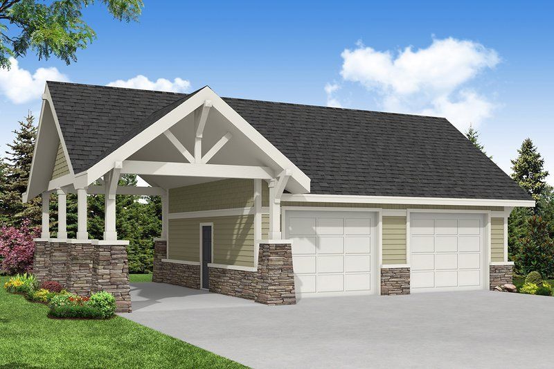 An artist 's impression of a house with a garage and porch.
