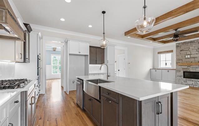 A kitchen with a large island in the middle of the room.