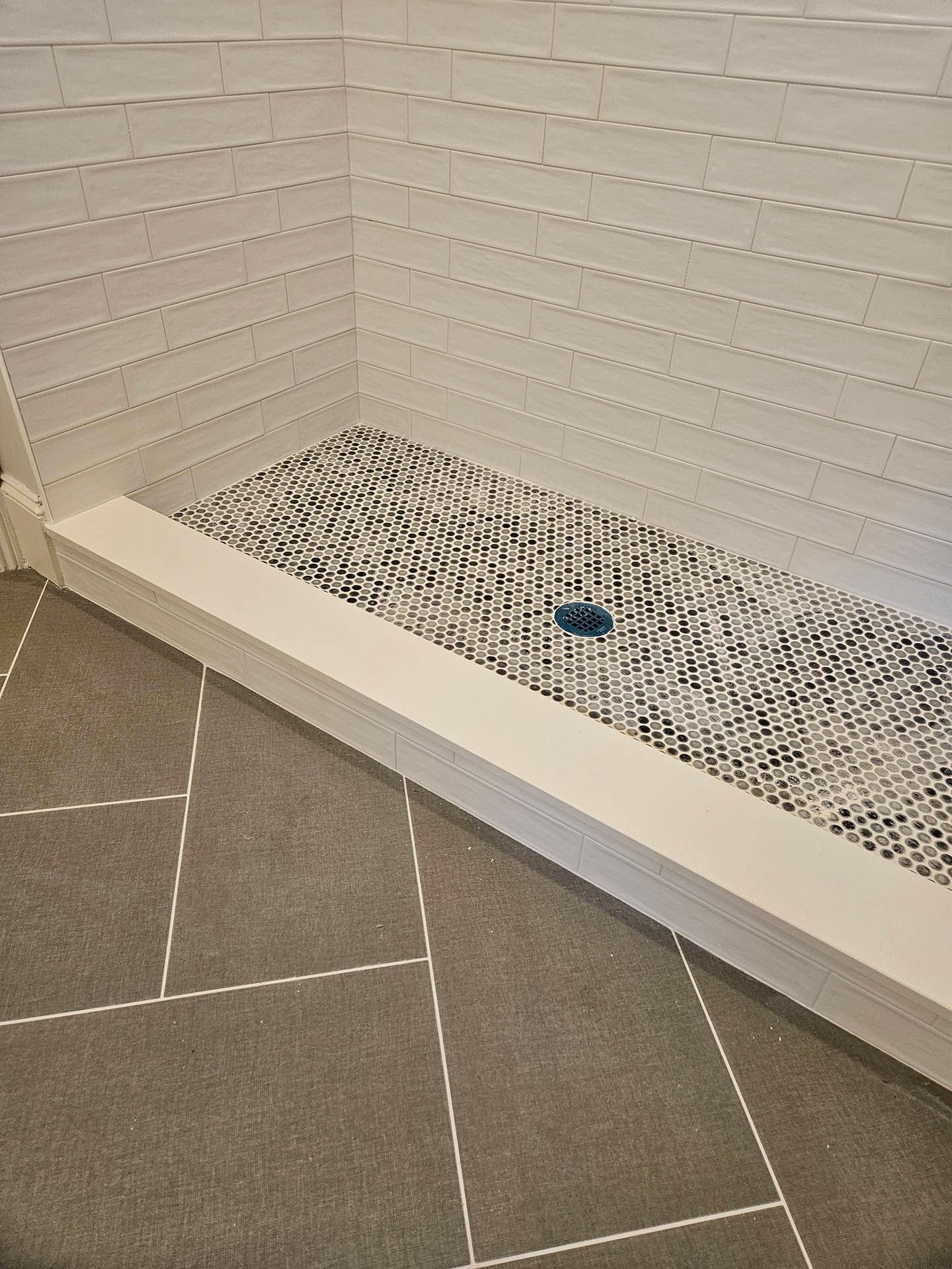 A bathroom with a walk in shower with a black and white tile floor.