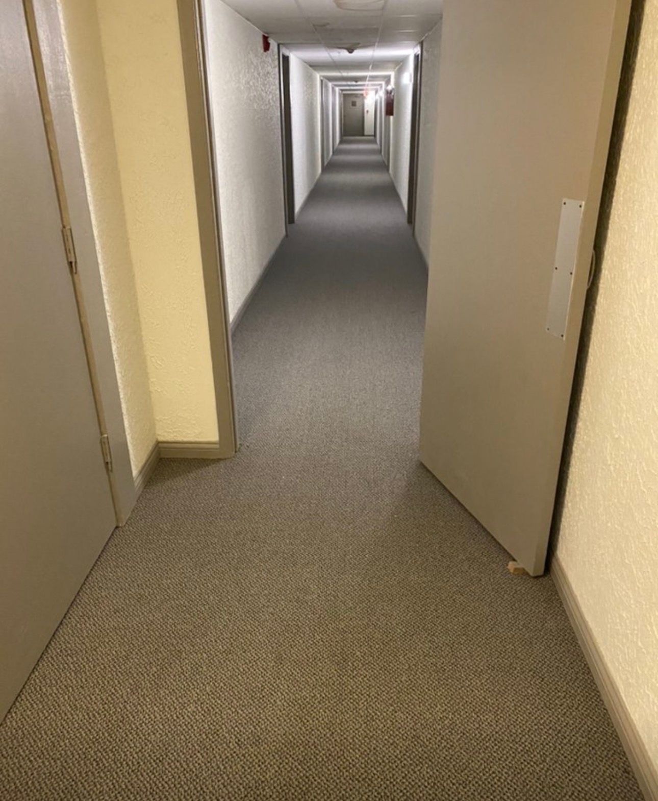 Long beige hallway with gray carpet and doors on both sides, receding into the distance