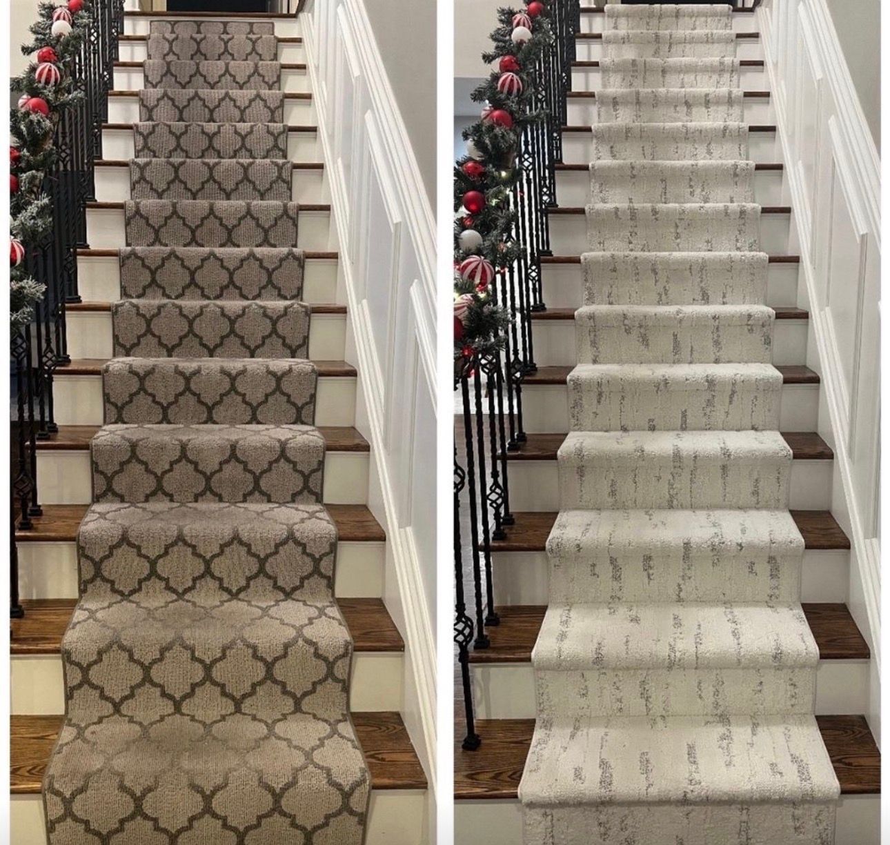Carpeted staircase before-and-after, with patterned runner on the left and plain light runner on the right