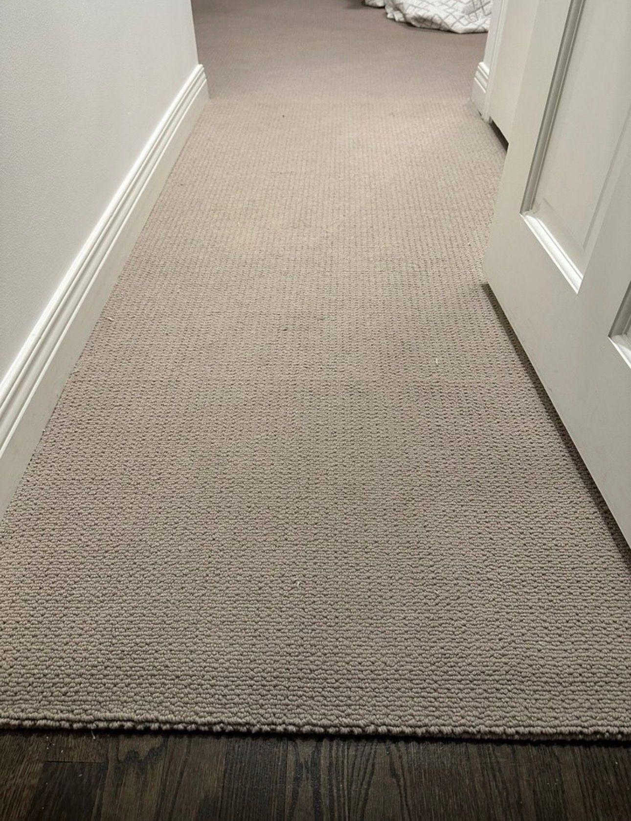 Narrow carpeted hallway with white walls and an open door on the right.