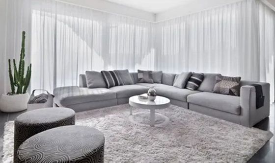 Bright modern living room with a curved gray sectional, shag rug, round coffee table, and sheer white curtains.