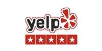 Yelp logo with black text and red starburst, above a row of five red stars