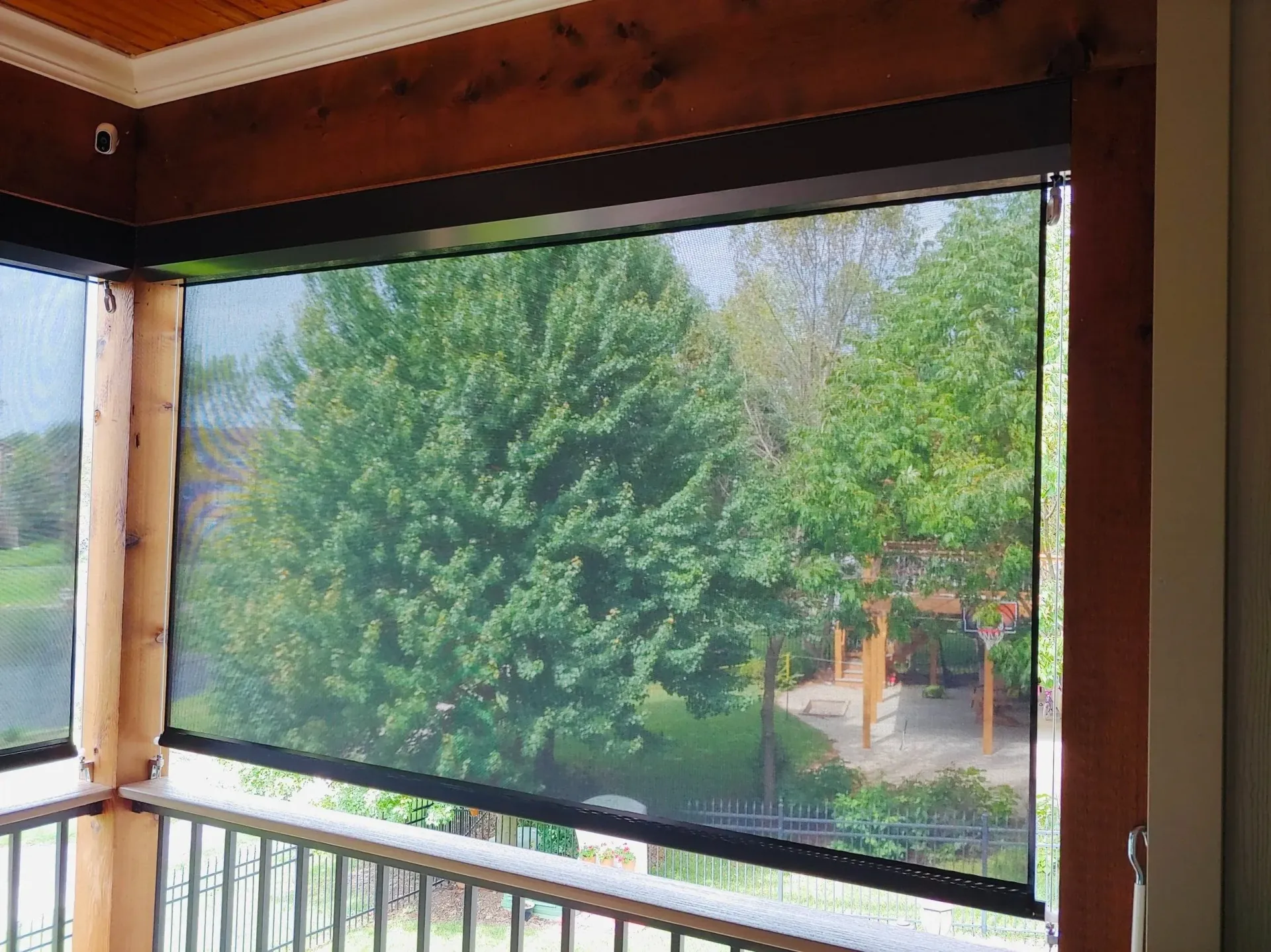 Exterior view through a black screen shade. Large tree and wooden porch.