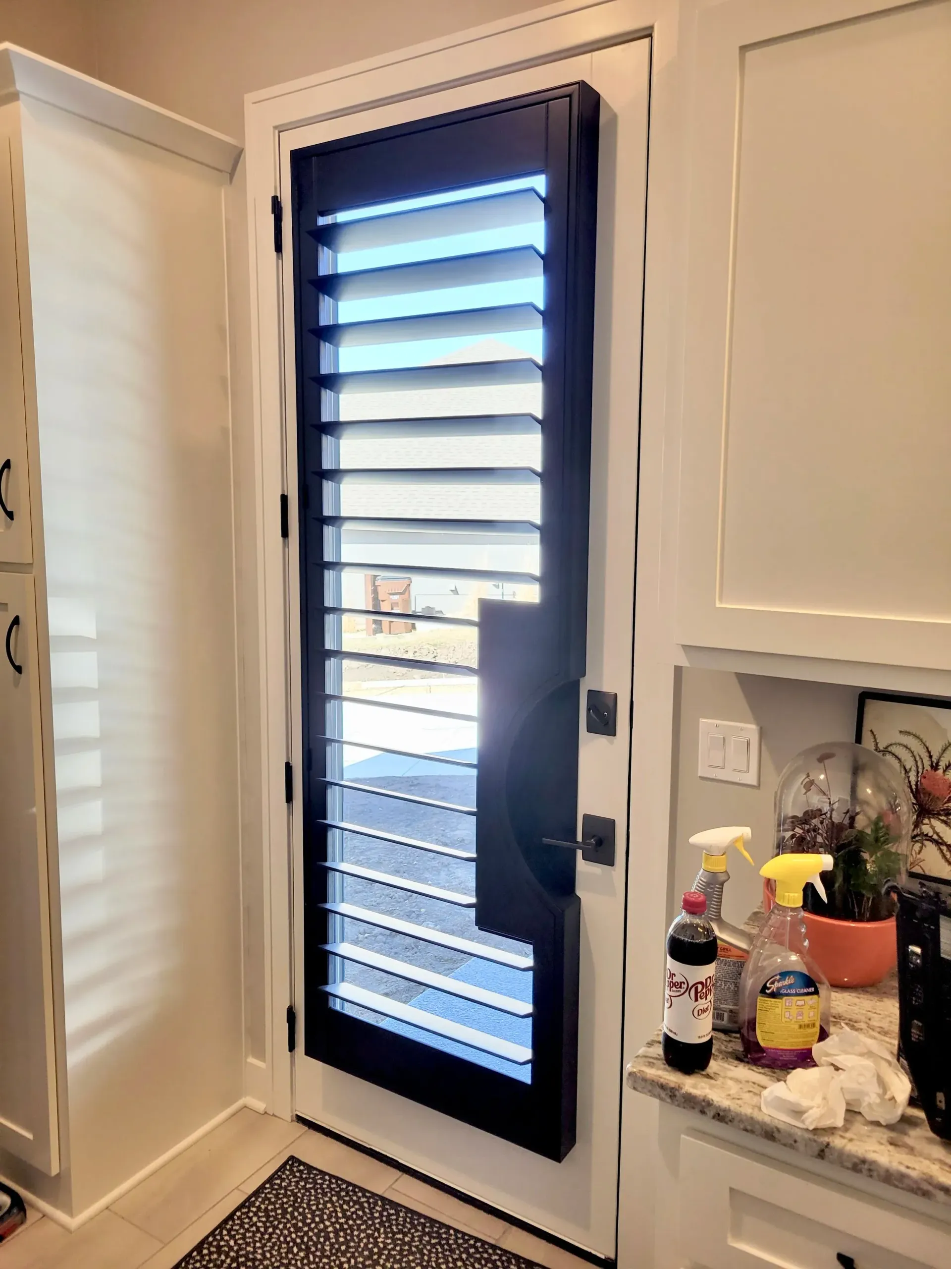 Black louvered front door with dark hardware, set in a white door frame. The door is viewed indoors.