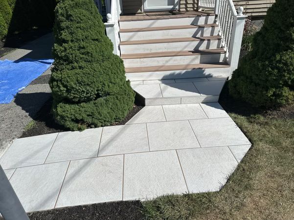 Front walkway with stepped concrete path leading to a house entrance, flanked by trimmed shrubs.