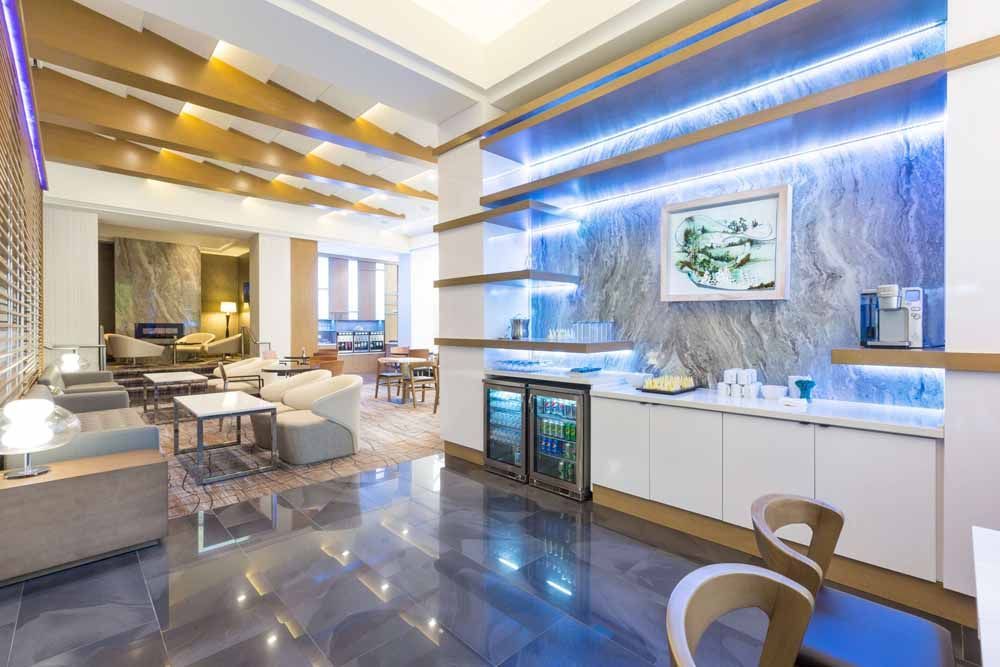 there is a bar in the middle of the room