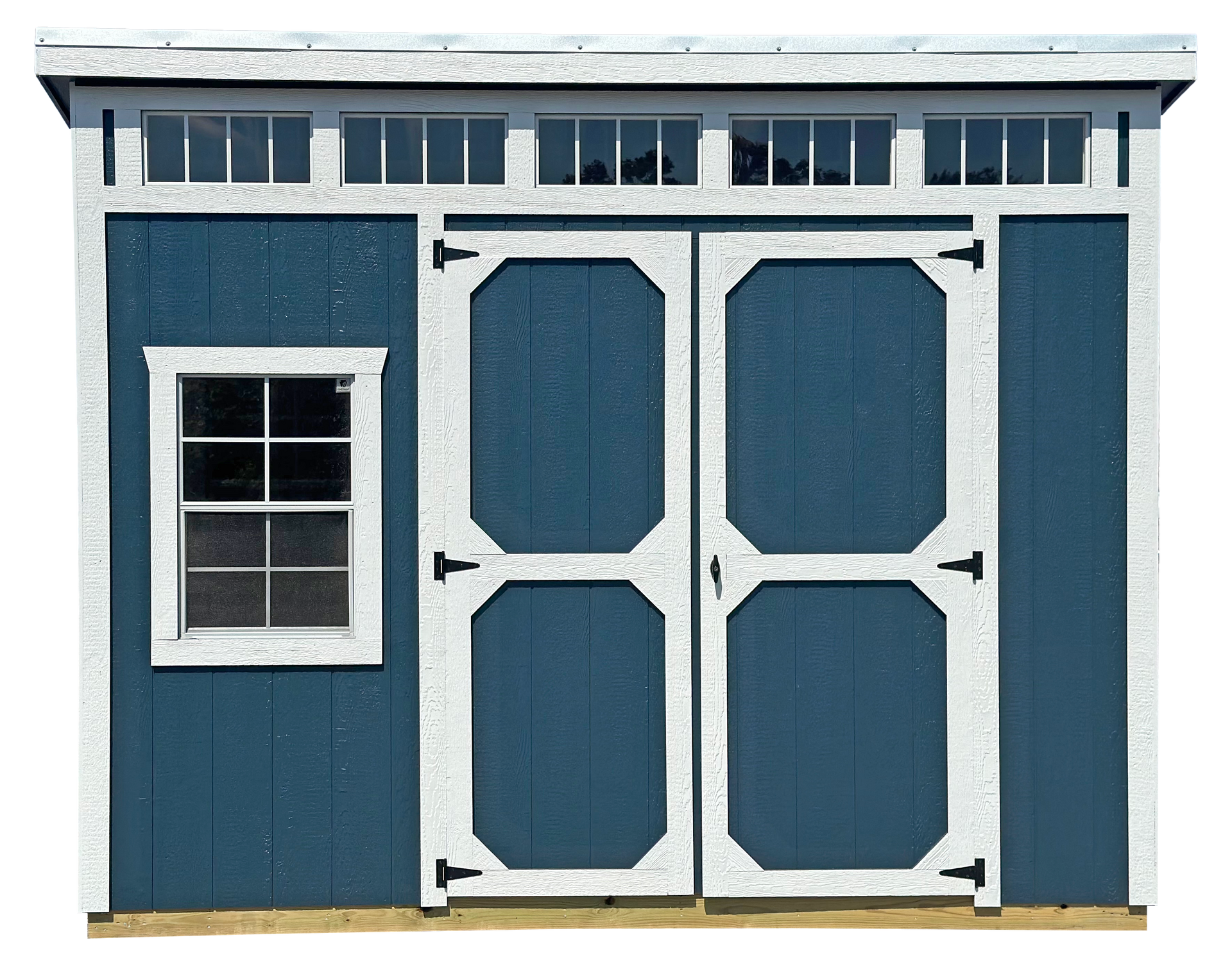 A blue backyard shed with white trim