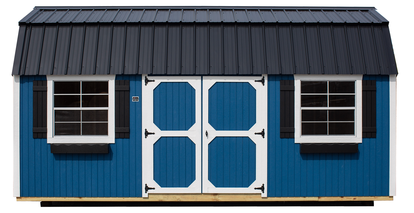 A blue shed with a dark roof