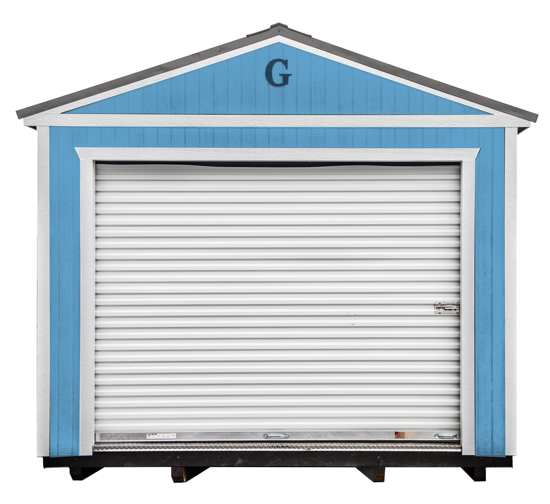 A blue and white garage with the letter g on the top
